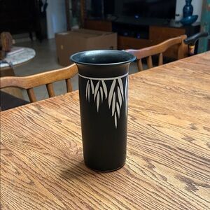 Black Vase with White Leaf Design